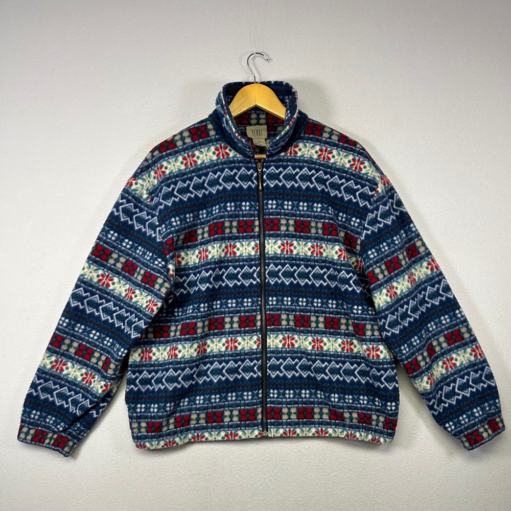 Vintage Gorpcore Teddi Womens L Blue Fair Isle Retro Winter Cozy Fleece Jacket